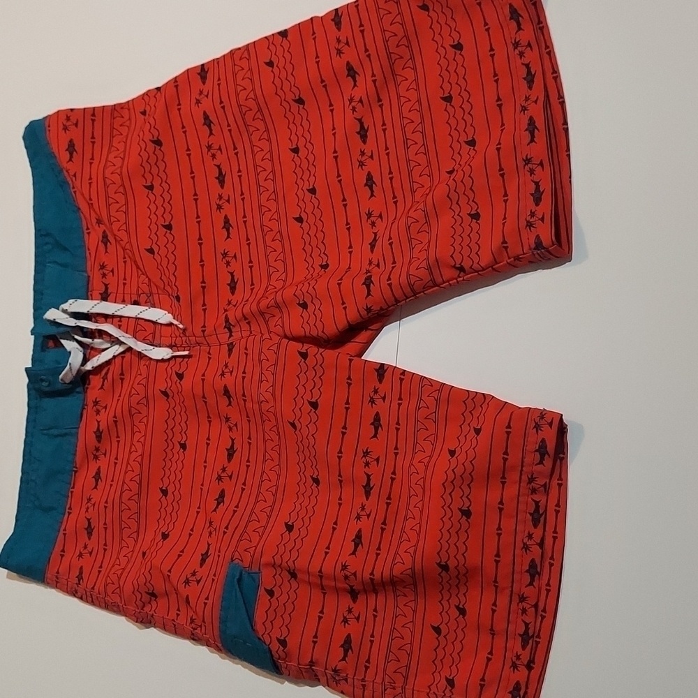 Carbon Shark Red And Teal Board Shorts Size 32 Unlined Side Pocket